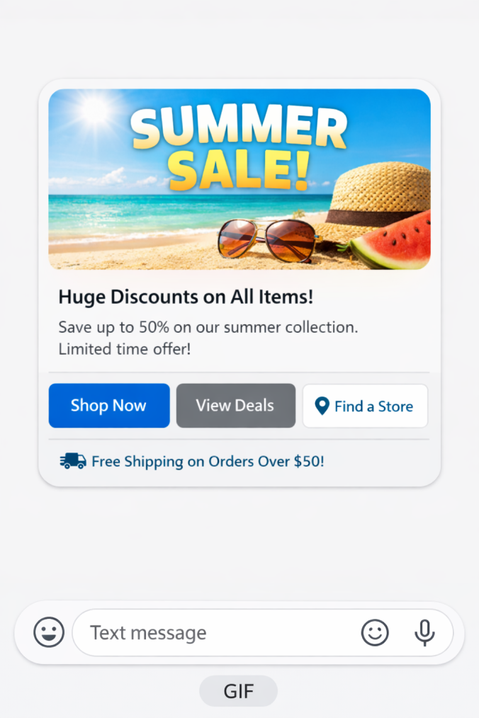 Product Showcase with Rich Cards - Mobile mockup showing shoes advertisement with Shop Now and View Collection buttons