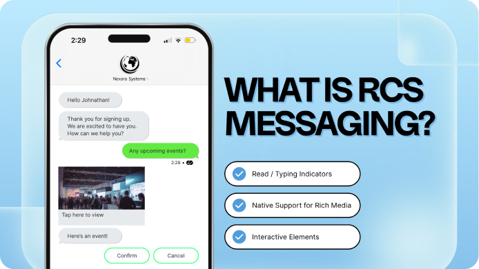 RCS messaging interface showing smartphone with chat conversation, read/typing indicators, rich media support, and interactive elements